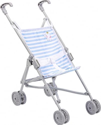 JC Toys Boutique | Folding Umbrella Doll Stroller for Children 2 Years Plus, Blue Stripes and Soft Embroidery | Sturdy Metal Frame | Pretend Play with Dolls up to 18” Long | Seat Belt