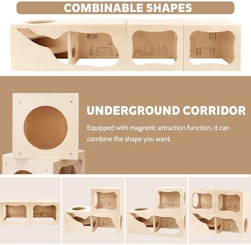Hamster Hideout Wooden House,Hamsters Multi Chamber Hideout,Small Animal Habitat for Clear Observation,Hamster Toys for Dwarf Hamstersm,Gerbils, Hedgehogs, Rats, Mice
