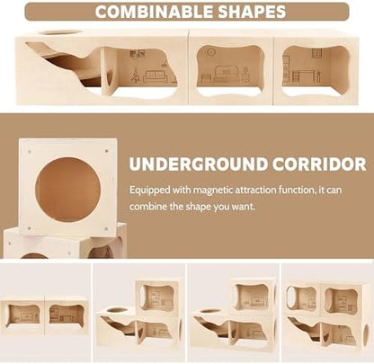 Hamster Hideout Wooden House,Hamsters Multi Chamber Hideout,Small Animal Habitat for Clear Observation,Hamster Toys for Dwarf Hamstersm,Gerbils, Hedgehogs, Rats, Mice