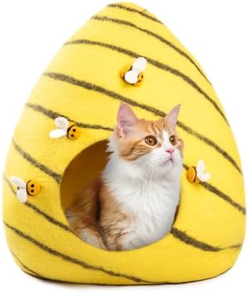 Woolygon Premium Felt Cat Cave Bed – Wool Kitty Beds Handcrafted Kitten Caves Bed for Indoor Cats - Made from Merino Wool, Foldable Cat Hideaway Covered Cat House Pod (Honey Hive)