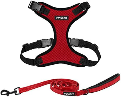 Best Pet Supplies Voyager Step-in Lock Pet Harness w Reflective Pet Leash Combo Set with Neoprene Handle 5ft - Supports Small, Medium and Large Breed Puppies/Cats - Red/Black Trim Set, L