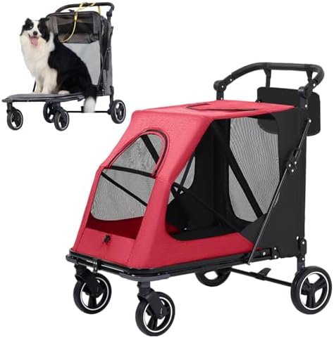 Dog Stroller for Large/Medium Dogs,Pet Stroller Up to 176 lbs,Extra Large Foldable Stroller for 2 Dogs Cats,Full-Open Sunshade Canopy,Adjustable Handle(Red)