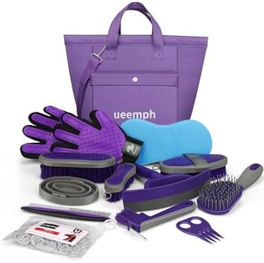 Horse Grooming Kit (12-Piece): Brushes, Storage Bag, Sweat Scraper, Mane Comb, Grooming Gloves - Purple Horse Gifts for Girls
