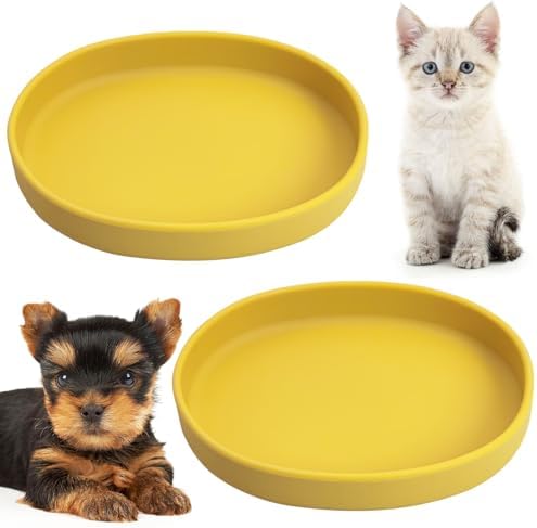 Fhiny 2 PCS Silicone Cat Food Bowls Shallow Dog Bowl 7" Non-Slip Pet Feeding Dishes for Dry and Wet Food Whisker Fatigue Cat Plates for Kitten Puppy and Small Pets(Yellow)