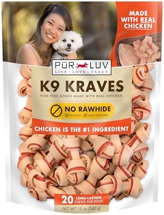 Pur Luv Dog Treats, K9 Kraves Rawhide Free Bone Dog Treat, Chicken Flavor, Made with Real Chicken, 20 Count, Healthy, Easily Digestible, Long-Lasting, High Protein, Satisfies Dog's Urge to Chew