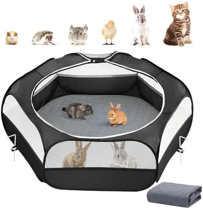 Pawaboo 2-in-1 Small Animals Playpen with Pad, Black+Gray