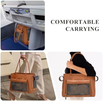 Fashion Pet Carrier Purse for Small Cat and Dog, Luxury Pu Soft-Sided Tote Bag with Large Pockets for Dogs and Puppies (Brown, 15.8" L x 7.5" W x 11.8" H)