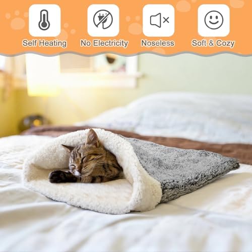 Self Heating Cat Sleeping Bag Indoor Self Warming Cat Bed Cave Heated Pad Cozy Soft Winter Washable Wrap Pet Snuggle Sack Pouch for Puppy Dog Kitten, 24 x 21 Inch(Rustic,Gray)