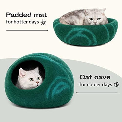 MEOWFIA Cat Cave - Merino Wool Bed for Indoor Cats (Emerald, Large)