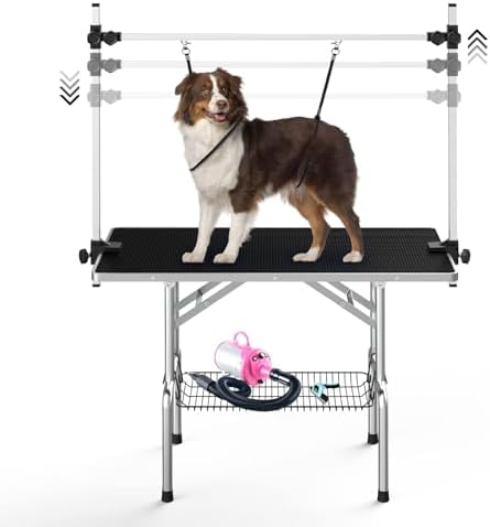 Lyromix 42'' Stainless Steel Pet Dog Grooming Table, Arm/Noose/Tray, Black