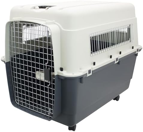 SportPet Airline Compliant XXX-LARGE 48" Travel Dog Kennel-Durable Plastic Airline Pet Carrier w/Removable Wheels & Food Bowls, Collapsible Indoor/Outdoor Dog Kennel, Dogs up to 44"L & 33"H-Cream/Gray