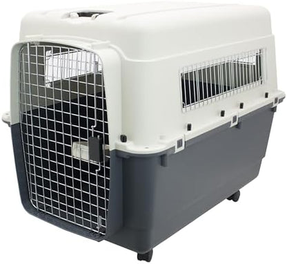 SportPet Airline Compliant XXX-LARGE 48" Travel Dog Kennel-Durable Plastic Airline Pet Carrier w/Removable Wheels & Food Bowls, Collapsible Indoor/Outdoor Dog Kennel, Dogs up to 44"L & 33"H-Cream/Gray