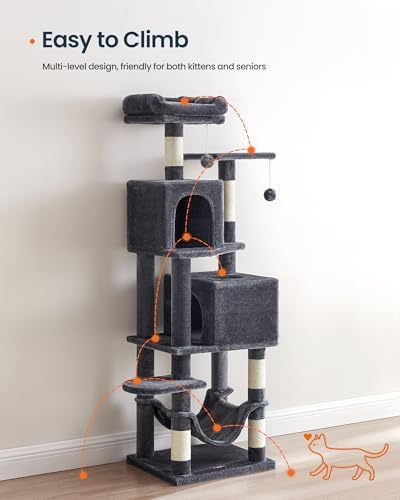 SONGMICS HOME Cat Tree for Indoor Cats, Multi-Level Cat Tower with Sisal Scratching Posts, Hammock and Condo, Dark Gray