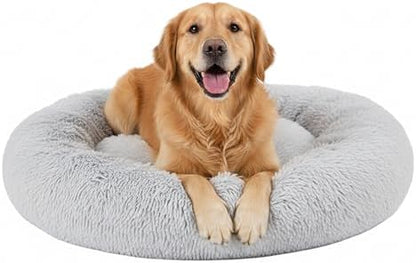 Soft Round Dog & Cat Bed, Anti-Anxiety Donut Cuddler with Anti-Slip Bottom Cozy Fluffy Pet Bed for Medium Large Dogs and Cats, 37inch, Grey