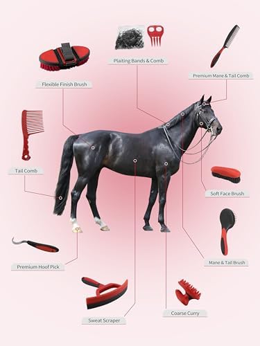Harrison Howard Horse Grooming Kit 9 Piece with Tote Bag, Non-Slip Horse Brush Set for Shedding, Bathing, Hoof Care, Mane & Tail Grooming, Equine Grooming Supplies Red