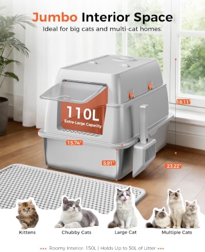 GTPLAYER XXL Stainless Steel Cat Litter Box with Lid, High Sided Enclosed Cat Litter Box, Activated Carbon Odor Control, Extra Large Metal Litter Box, Anti-Leak, with Mat & Scoop, Sliver