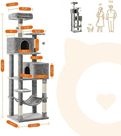 Feandrea Cat Tree, 73.2-Inch Cat Tower, Multi-Level Condo, Light Gray