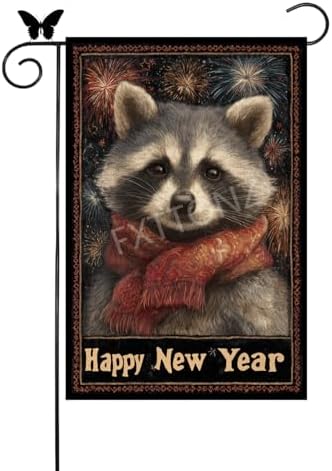 Happy New Year Garden Flag 12x18 Double Sided Vertical Linen Small Fireworks Raccoon House Flag Welcome Holiday Winter House Outdoor Outside Decorations (27168)