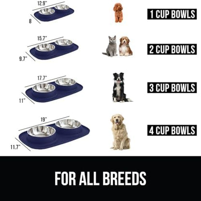 GORILLA GRIP Dog Bowl Set with Feeding Mat, 304 Stainless Steel, 1 Cup Navy