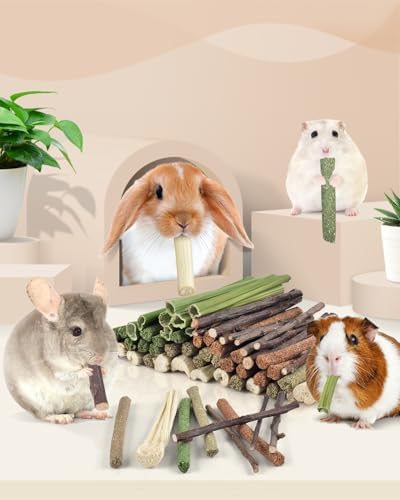 Bissap 54 PCS Rabbit Chew Sticks, Mix Natural Sweet Bamboo Timothy Hay Oat Carrot Chew Stick Apple Branch Bunny Chews for Rabbit Hamster Chinchilla Guinea Pig Small Pet Molar Treats