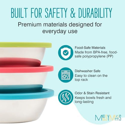 Messy Mutts 6 Piece Set, 3 Stainless Bowls and 3 Silicone Lids, Medium