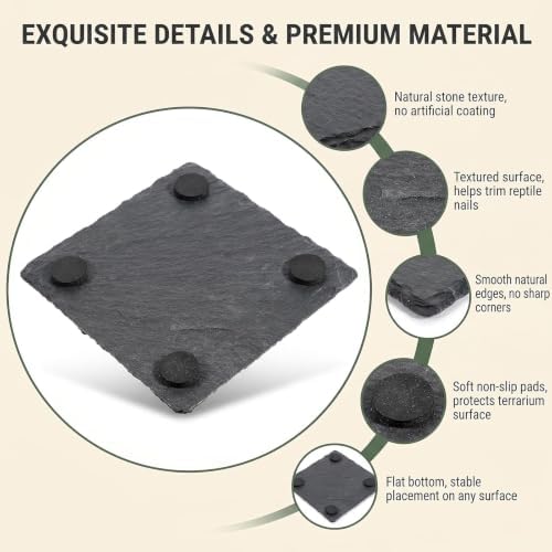 3.9 Inch Square Reptile Basking Platform Slate, Rock Feeding Slate Tile Habitat for Reptiles, Bearded Dragon Basking Resting Platform for Tortoise Lizard Gecko