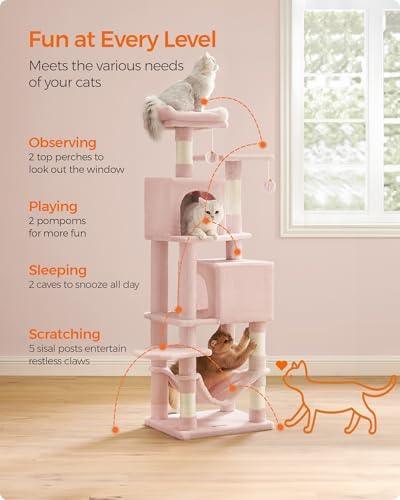 Feandrea Cat Tree, 59.5-Inch Tall Cat Tower, Multi-Level Condo, Jelly Pink