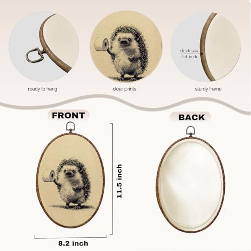 Funny Bathroom Oval Framed Wall Art, Vintage Hedgehog Canvas Art Wall Decor，Cottagecore Bathroom Hanging Decor Painting Artwork for Home Farmhouse Bedroom Living Room Office Toilet 8.3x12inch