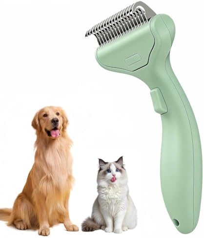 Undercoat Rake for Dogs & Cats, 3-in-1 Skin-Friendly Pet Fur Brush with One-Click Self-Clean Button, Deshedding Dog Brush for Long haired Pets, Cat Comb Removes Matted Fur & Loose Hair (Light-Green)