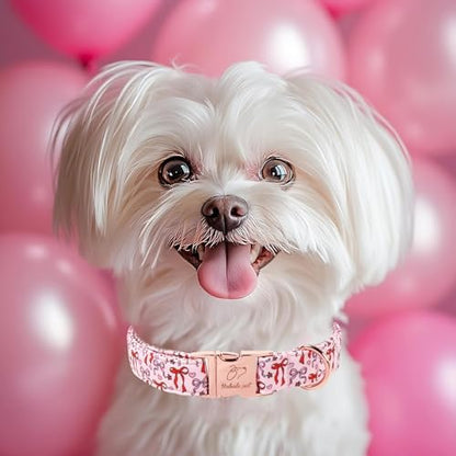 Pink Dog Collar for Female Large Dogs - Cute Bow Pattern Girl Dog Collar for Spring Summer, Adjustable Heavy Duty Pet Valentines Collars with Metal Buckle L