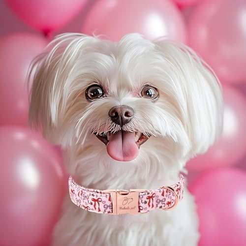 Pink Dog Collar for Female Small Dogs - Cute Bow Pattern Girl Dog Collar for Spring Summer, Adjustable Heavy Duty Pet Valentines Collars with Metal Buckle XS