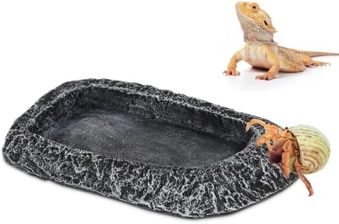 Reptile Water Dish for Bearded Dragon Tank Accessories, Hygger zoo Hermit Crab Food Bowl Reptile Food Dish Corner Rock Terrarium Feeding Bowl Tortoise Water Dish for Leopard Gecko Turtle Snake, Black