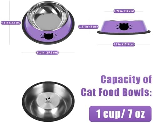 Serentive 2 Pcs Non-Slip Stainless Steel Small Cat Food Bowls - Unbreakable, 7 Oz, Suitable for Indoor Small Pets - Removable Rubber Base, Easy to Clean, Lovely Color