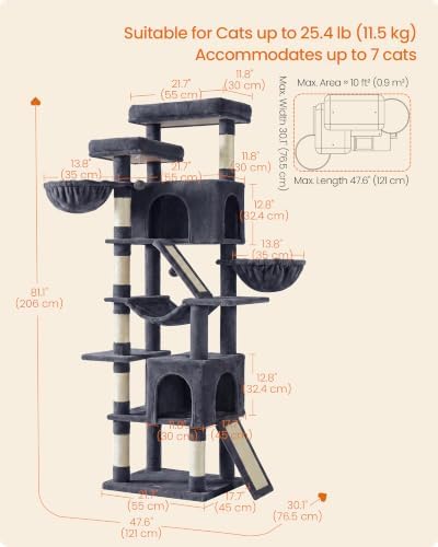 Feandrea Large Cat Tree, 81.1" Tall Sturdy Cat Tower for Indoor, Dark Gray