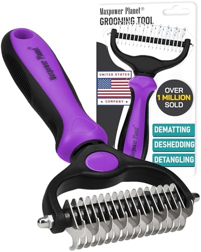 Maxpower Planet Pet Grooming Brush - Double Sided, Extra Wide for Dogs and Cats - Dematting Undercoat Rake, Reduces Shedding by 95%, Purple