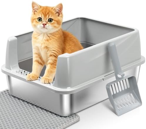 Stainless Steel Litter Box with Lid, Metal Litter Box for Kitten, Small Litter Boxes with Scoop and Mat, Low Entry,Non-Stick,Easy to Clean Litterbox for Small to Medium Cats