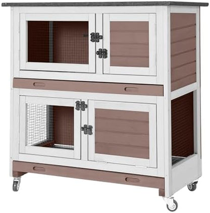 Aivituvin 36" Rabbit Hutch Bunny Cage Indoor Outdoor Guinea Pig Cage 2 Story Wth Trap Door, 2 Tray,Wheels,Brown