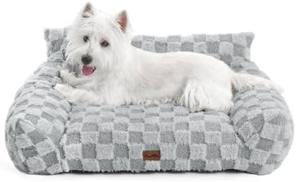 Made4Pets Cat and Dog Indoor Couch Bed, Soft Faux Fur Checkered Pet Sofa, Cozy Fluffy Pet Sofa with Supportive Foam, Removable Washable Cover with Non-Slip Base, Grey, Medium