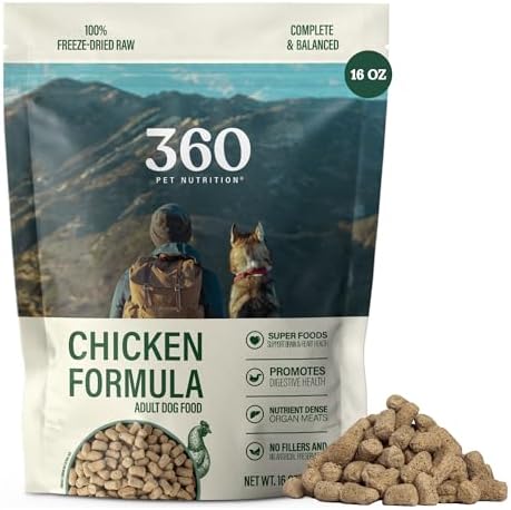 360 Pet Nutrition Freeze-Dried Raw Dog Food – Chicken Recipe with Liver & Organs, High Protein, Omega-3s, Fruits, Veggies & Superfoods, Grain-Free, No Fillers, 1 lb – Made in USA