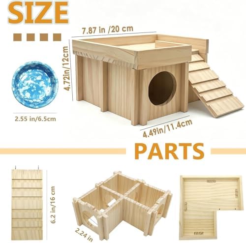 Wooden Hamster Hideout,Dwarf Hamster Hide House with Platform & Bowl & Ladder,Small Hamsters Maze Hut Hides Habitats Decor Cage Accessories for Gerbils,Mice,Mouse