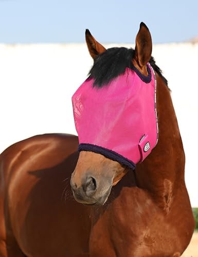 Harrison Howard All Round Mesh Horse Fly Mask UV Protective with Fleece Padded Edging Magenta S