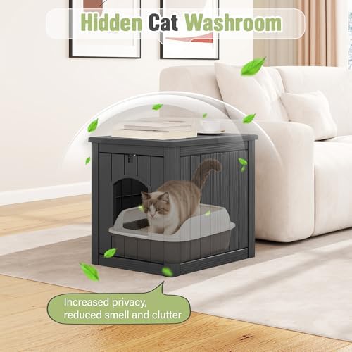 Cat Litter Box Enclosure, Feral Outdoor Cat Enclosure Weatherproof for Winter Outside, Cat Litter Box Furniture Fit Litter Box, Sturdy Resin Shelter for Living Room, Easy to Assemble, Black