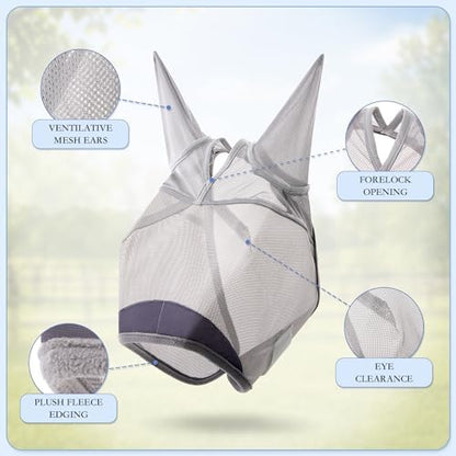 Horse Fly Mask, Super Comfort Fly Masks for Horses, Adjustable UV Protection Breathability Horses Fly Masks with Ears, Pony Mini Equine Fly Mask for Miniature Foal Draft Cob Srabian Full (Gray, M)