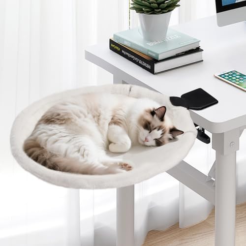 Uross Cat Desk Bed - 180° Rotating Soft & Comfortable Rabbit Fur Bed, Modern Indoor Cat Nest Furniture for Office Desks and Game Tables, Island Table-Supports 50 lbs-(Beige)