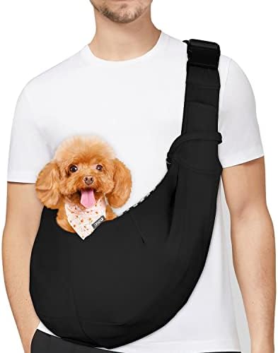 PETLOFT Reversible Dog Cat Sling Carrier, Small Dog Carrier, Adjustable Dog Sling, Hands Free Cross Body Carrier with Collar Hook for Dog/Cat/Bunny up to 11lb, Black