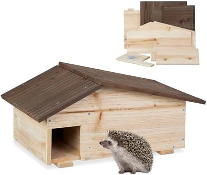 Relaxdays Hedgehog House, Wooden Protective Box, 2 Rooms, Hibernation Den, Winter Shelter, 24 x 46 x 33.5 cm, Natural