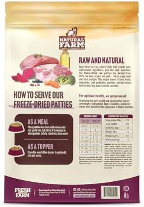 Natural Farm Freeze-Dried Red Meat Patties for Dogs – 96% Raw Beef, Organs & Pork, Complete Meal or Food Topper, Grain-Free, Gluten-Free, Probiotics for Digestion, All Life Stages – 14oz Bag