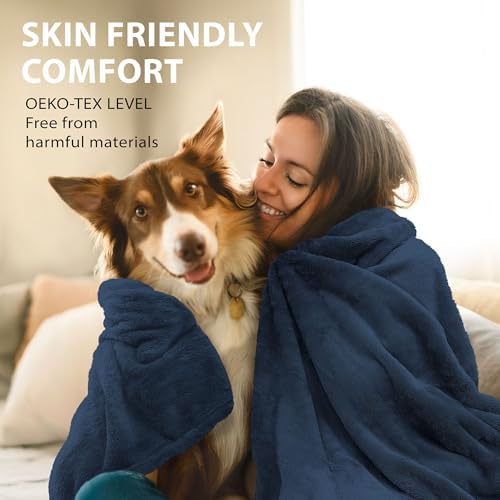 DEZ FURNISHINGS Ultra Soft Plush Fleece Throw Blanket, Double Sided Cozy Thick Warm Blanket for Sofa & Bed, Queen (90" x 92"), Navy Blue