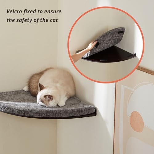 LIORCE Wall Mounted Corner Cat Bed - Cat Shelf with Comfortable Cushion - Minimalistic Cats Furniture for Indoor Cats - Climbing Perch for Wall, Walnut
