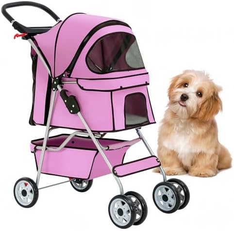 BestOffice Pet Stroller for Small Medium Dogs & Cats, 4-Wheel Foldable Dog Stroller with Cup Holder, Lightweight Travel Carrier, Waterproof Design for Outdoor Walks, Pink